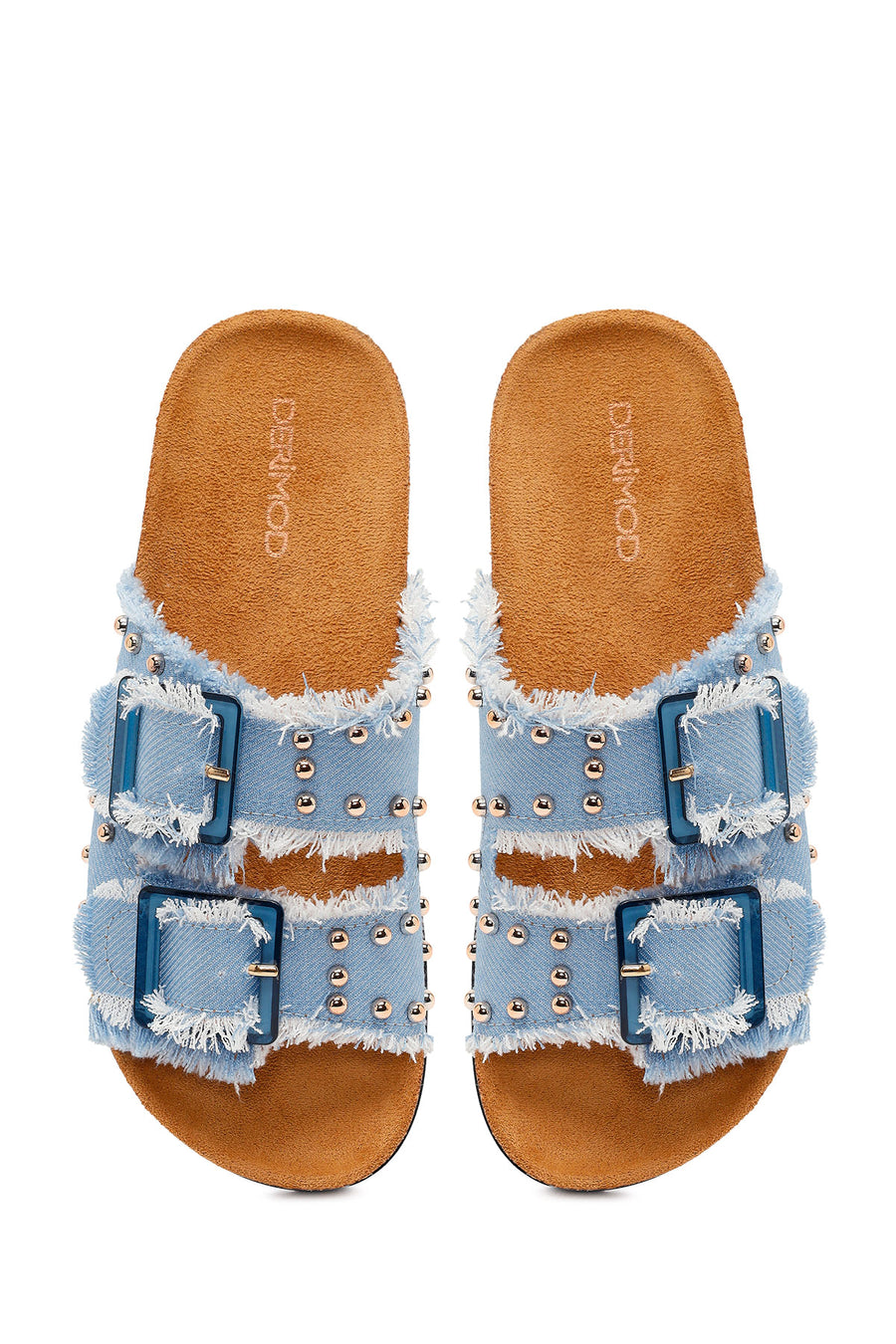 Women's Blue Double Buckle Studded Fabric Slippers