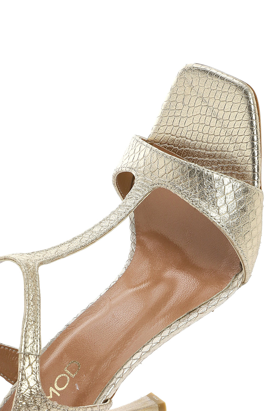Women's Gold Ankle Strap Patterned Leather Thin High Heel Sandals