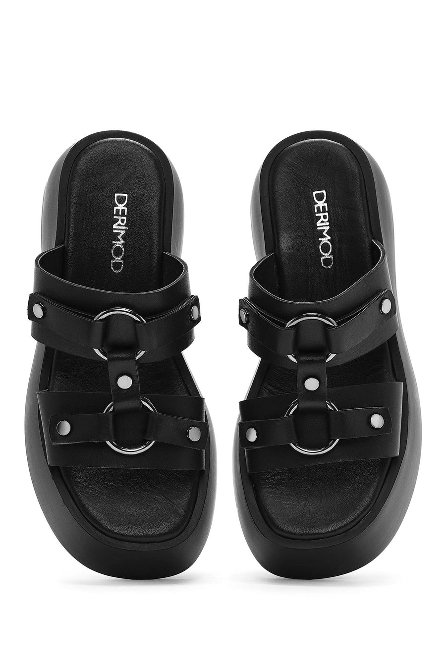 Women's Black Thick Soled Leather Slippers
