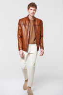 Oscar Men's Camel Leather Jacket | Derimod