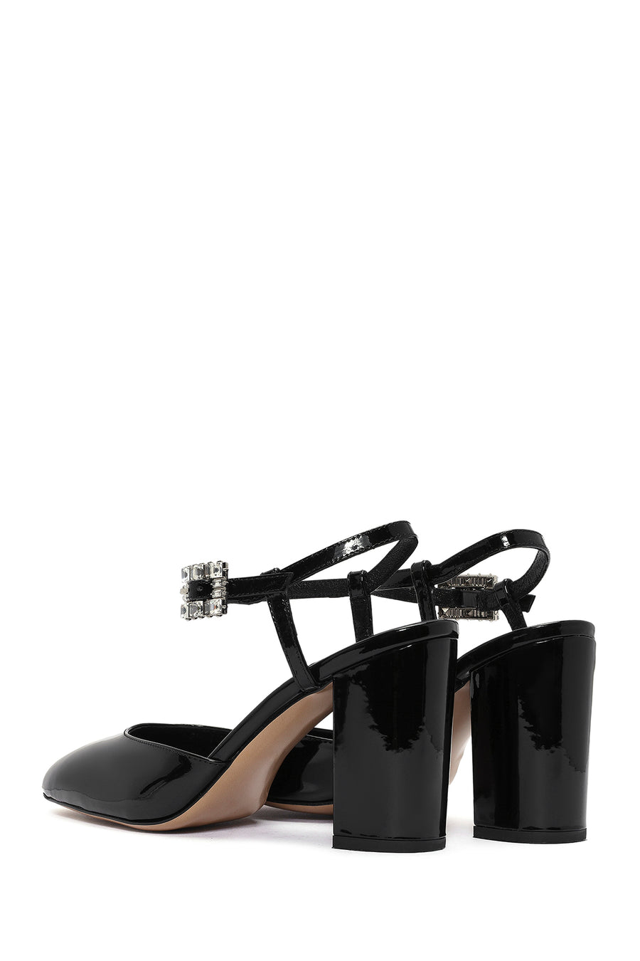 Women's Black Ankle Strap Stoned Thick Heel Leather Shoes