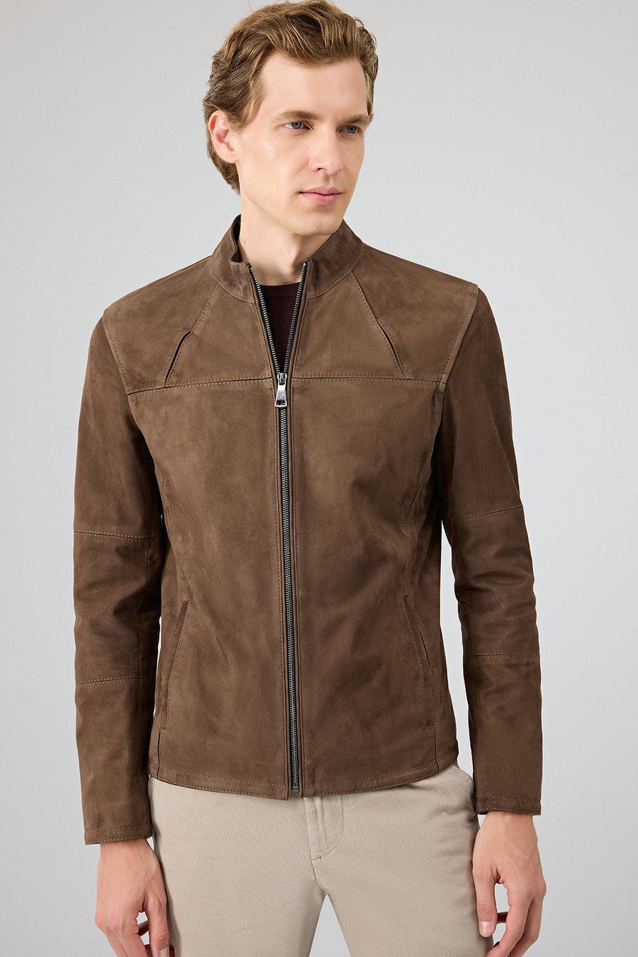 Neymar Men's Chestnut Man Collar Slim-Fit Suede Leather Jacket 25SGD640210 | Derimod