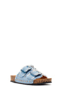Women's Blue Double Buckle Studded Fabric Slippers | Derimod
