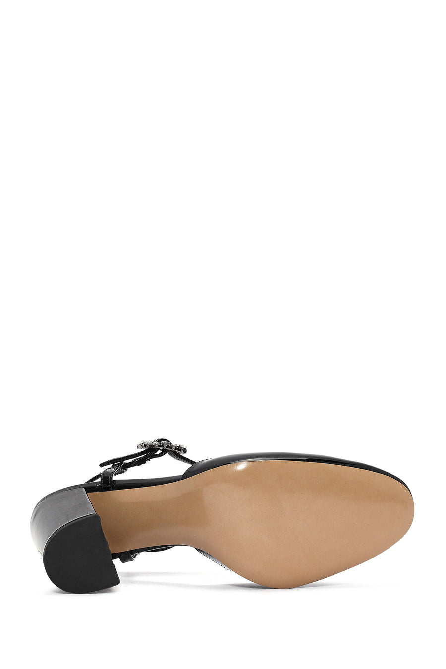 Women's Black Ankle Strap Stoned Thick Heel Leather Shoes