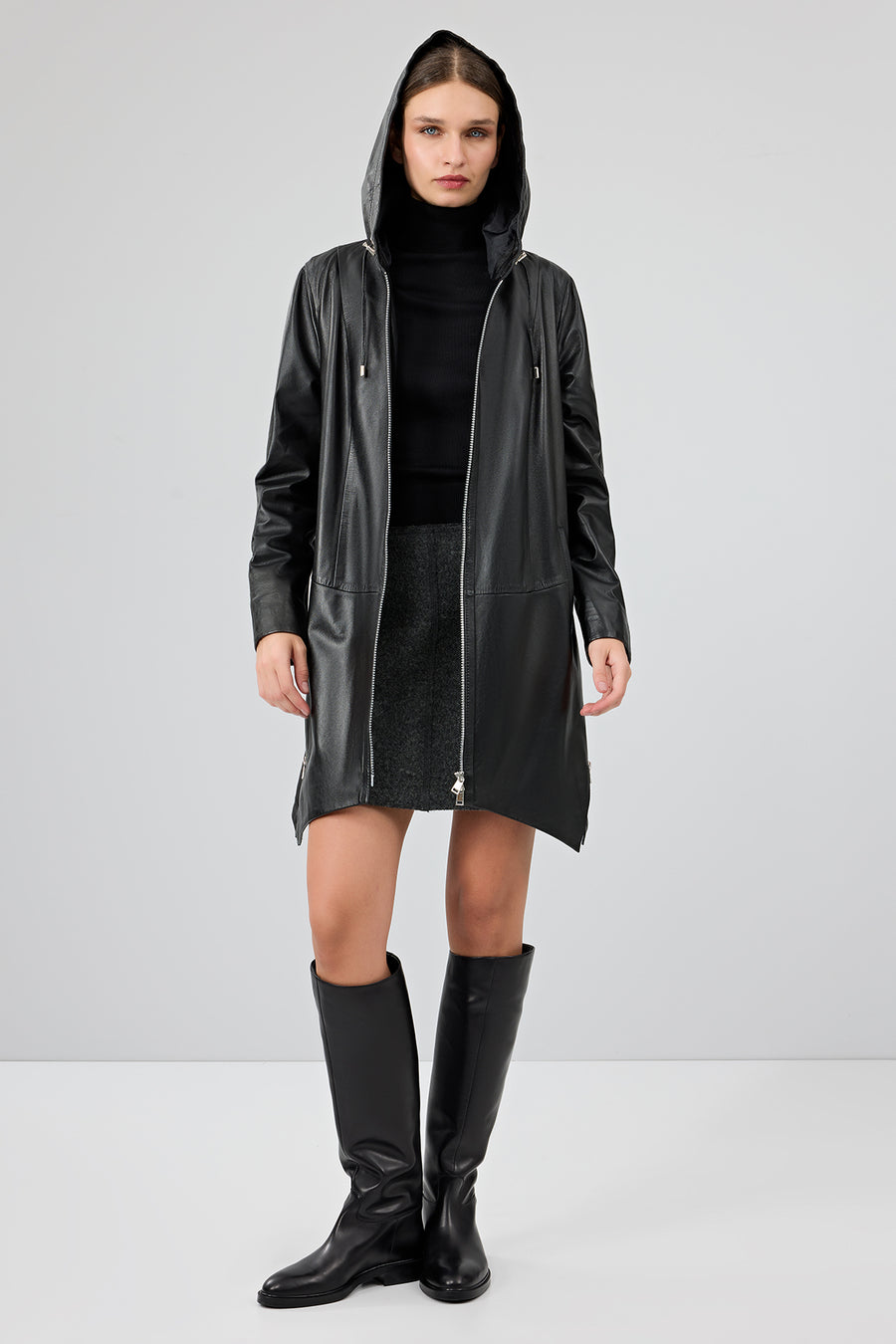 Daniela Women's Black Hooded Oversize Leather Coat