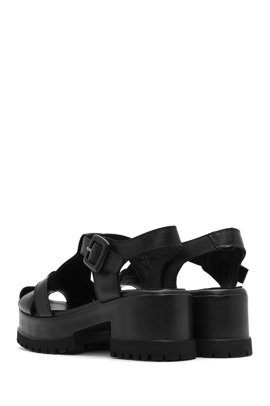 Women's Black Ankle Strap Thick-Sole Leather Sandals