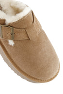 Women's Camel Thick-Soled Fur Detailed Suede Leather Slippers | Derimod