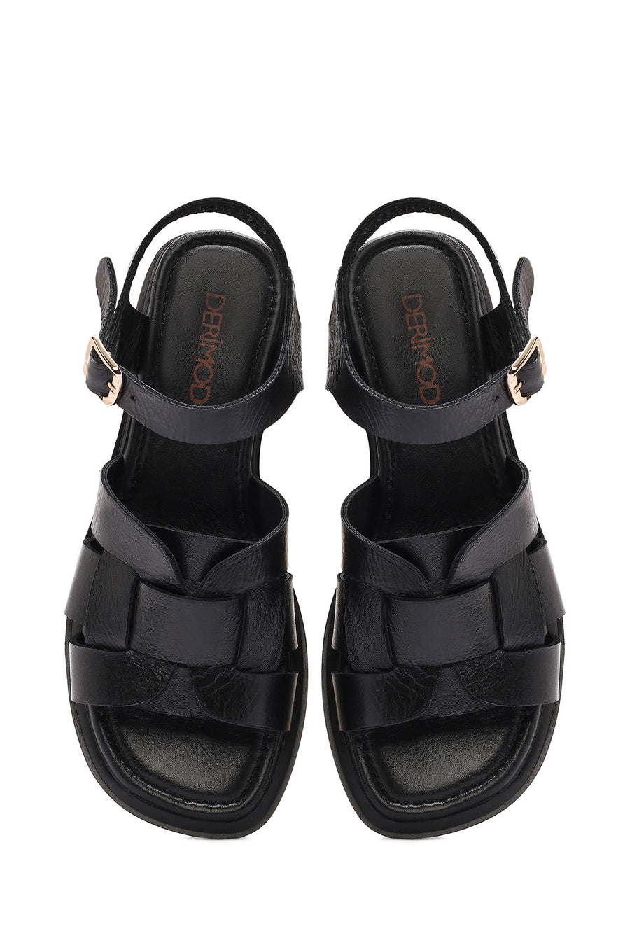Women's Black Ankle Buckle Low Heeled Leather Sandals