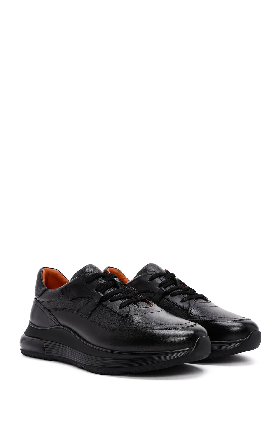 Erkek Siyah Bağcıklı Deri Casual Sneaker