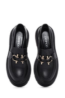 Women's Black Leather Thick Soled Masculine Loafer | Derimod