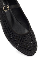 Women's Black Stone Leather Ballet Flats | Derimod