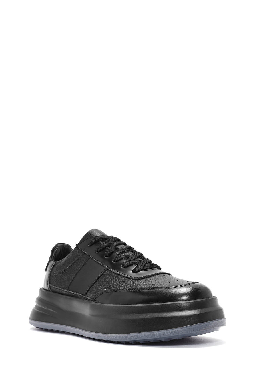 Erkek Siyah Bağcıklı Kalın Tabanlı Deri Sneaker