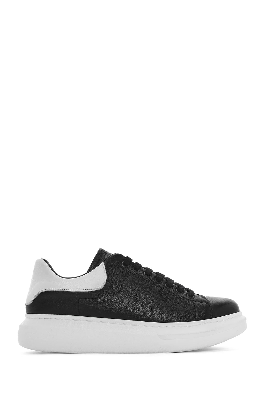 Erkek Siyah Bağcıklı Kalın Tabanlı Deri Sneaker