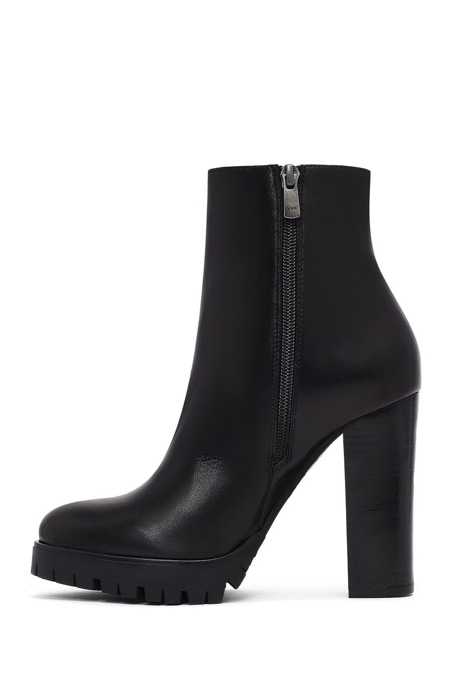 Woman Black Zip Closure High-Heeled Leather Boots