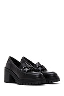 Women's Black Leather Heeled Loafer | Derimod