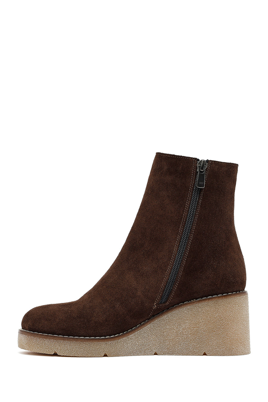Woman Brown Zippered Wedge Heel Suede Leather Boat