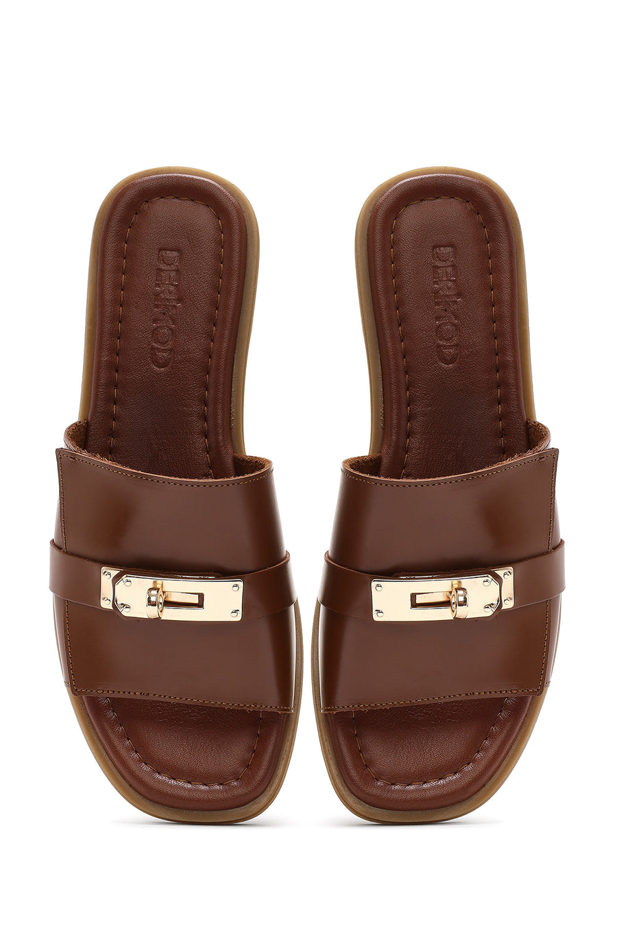 Women's Brown Buckled Leather Slippers