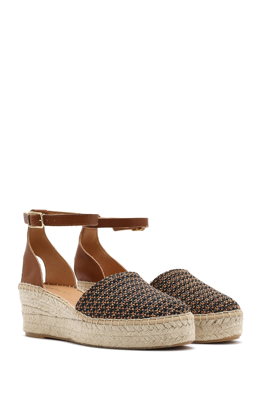 Women's Tan Ankle Buckle Wedge Heeled Straw Leather Espadrille Sandals