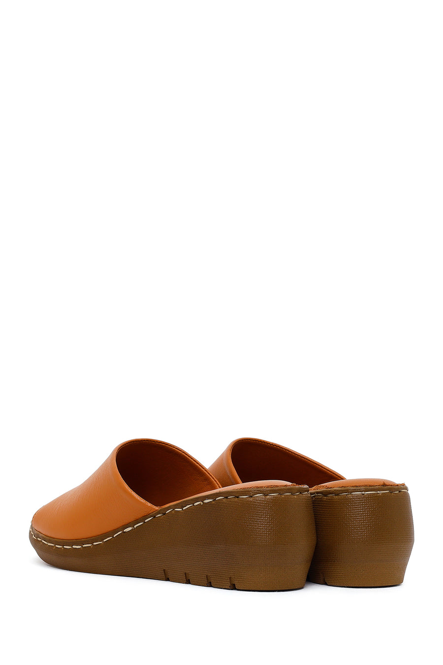 Woman Tan Wedge Heel Leather Comfort Slipper