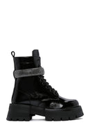 Women's Black Leather Stone Thick Soled Boots | Derimod