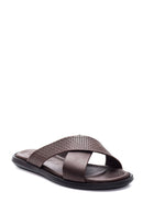Men's Brown Leather Slippers with Knit Detail | Derimod