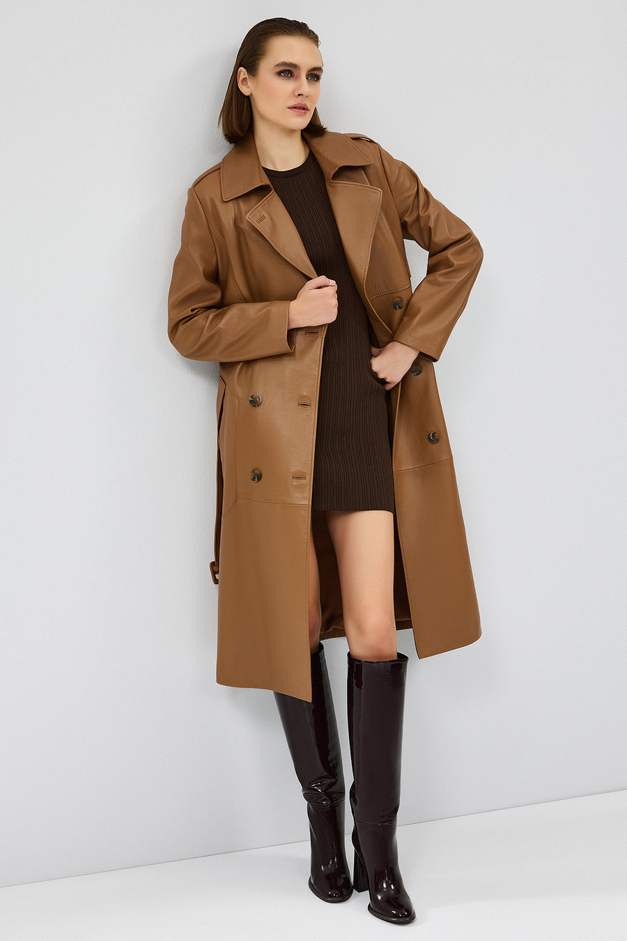 Natalia Women's Brown Leather Trench Coat