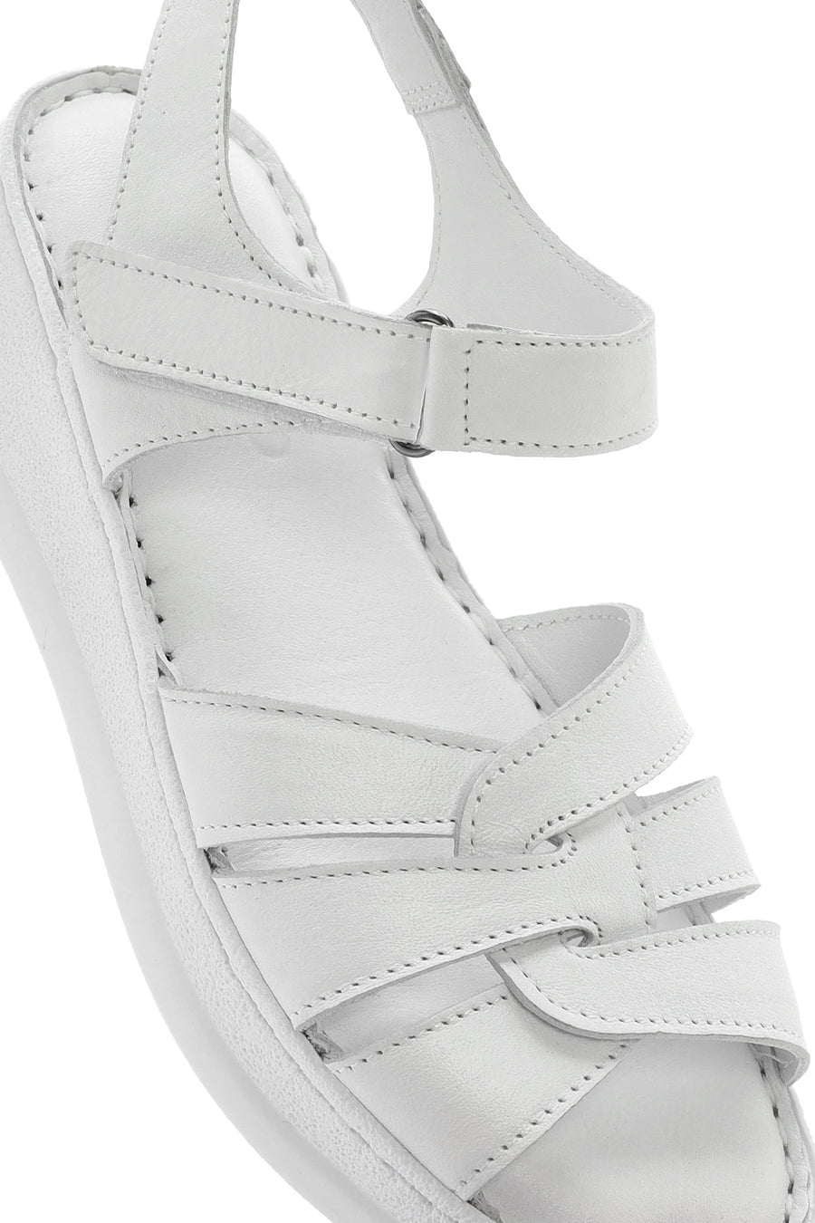 Women's White Strappy Thick Soled Leather Comfort Sandals