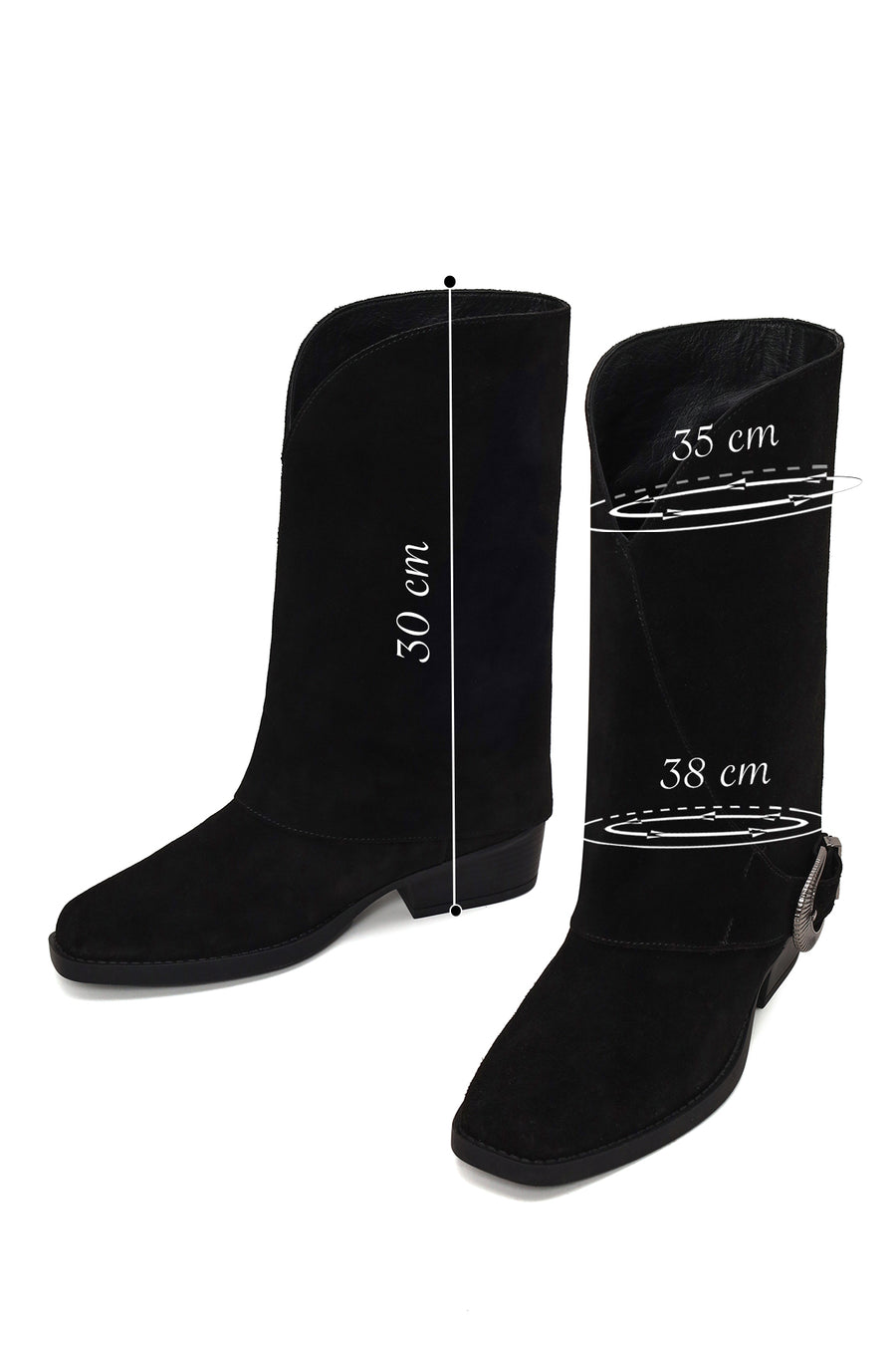 Woman Black Buckled Short Thick-Heeled Suede Boot