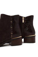 Woman Brown Zip Closure Crocodile Pattern Chunky Heeled Suede Boots | Derimod