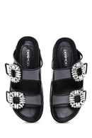 Women's Black Leather Stone Transparent Slippers | Derimod