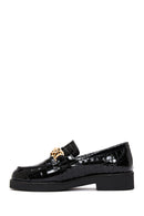 Women's Black Buckled Crocodile Patterned Leather Masculine Loafer | Derimod