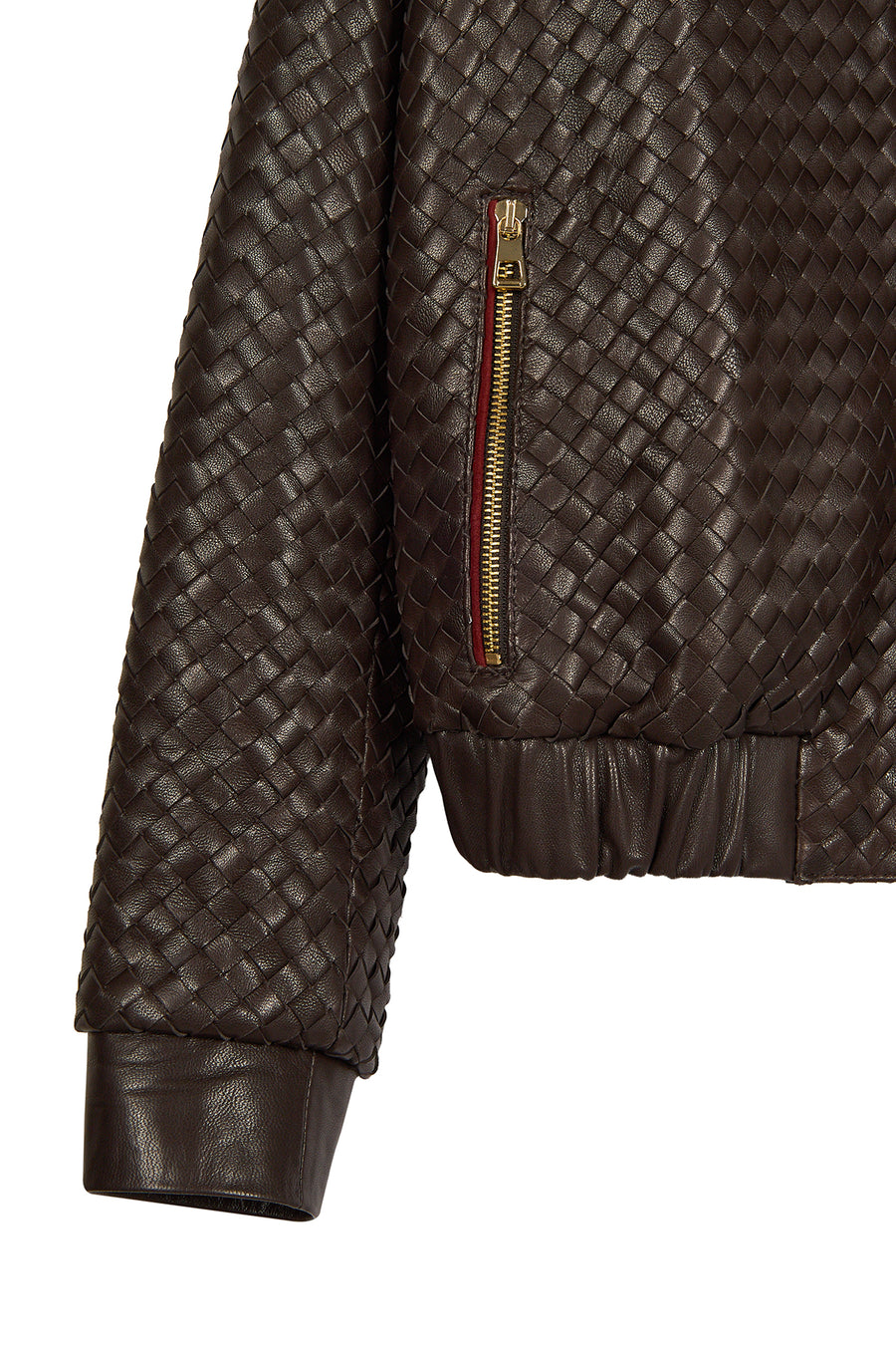 Della Woman Brown Woven-Pattern Short Leather Jacket