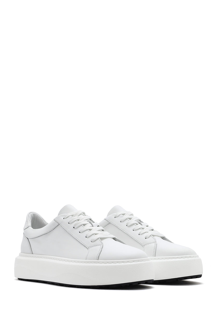 Men's White Lace-up Thick-Sole Leather Sneaker