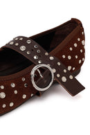 Woman Brown Strappy Studded Suede Leather Ballet Flat | Derimod
