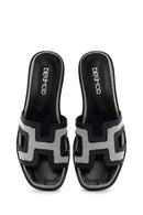 Women's Black Patterned Leather Slippers | Derimod