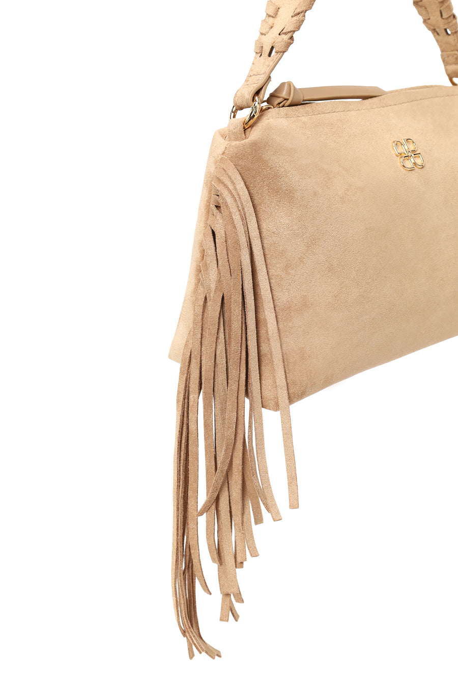Woman Beige Suede Shoulder Bag with Long Chain Strap and Tassel