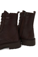 Woman Brown Zip Closure Thick-Soled Leather Combat Boots | Derimod