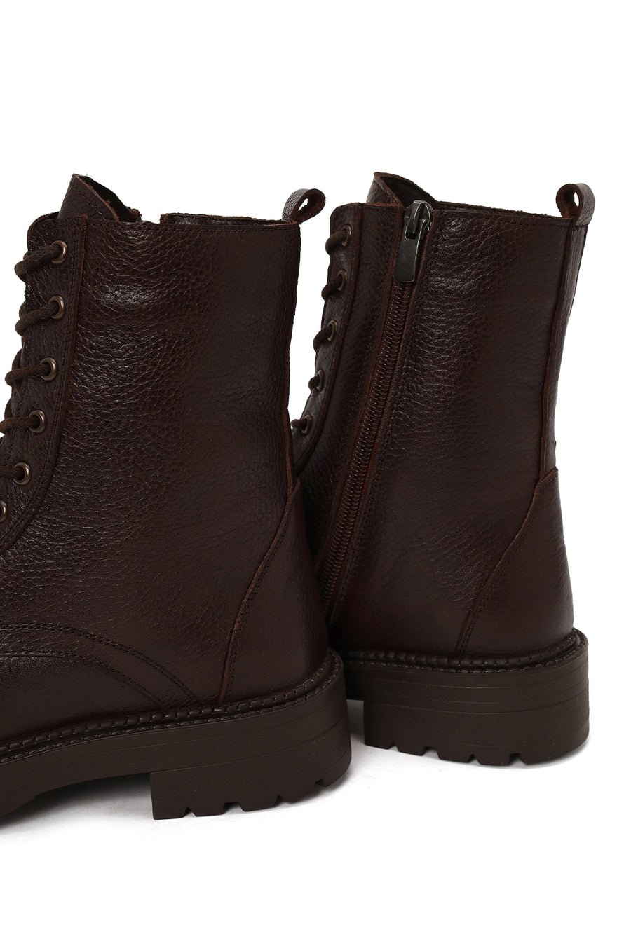 Woman Brown Zip Closure Thick-Soled Leather Combat Boots