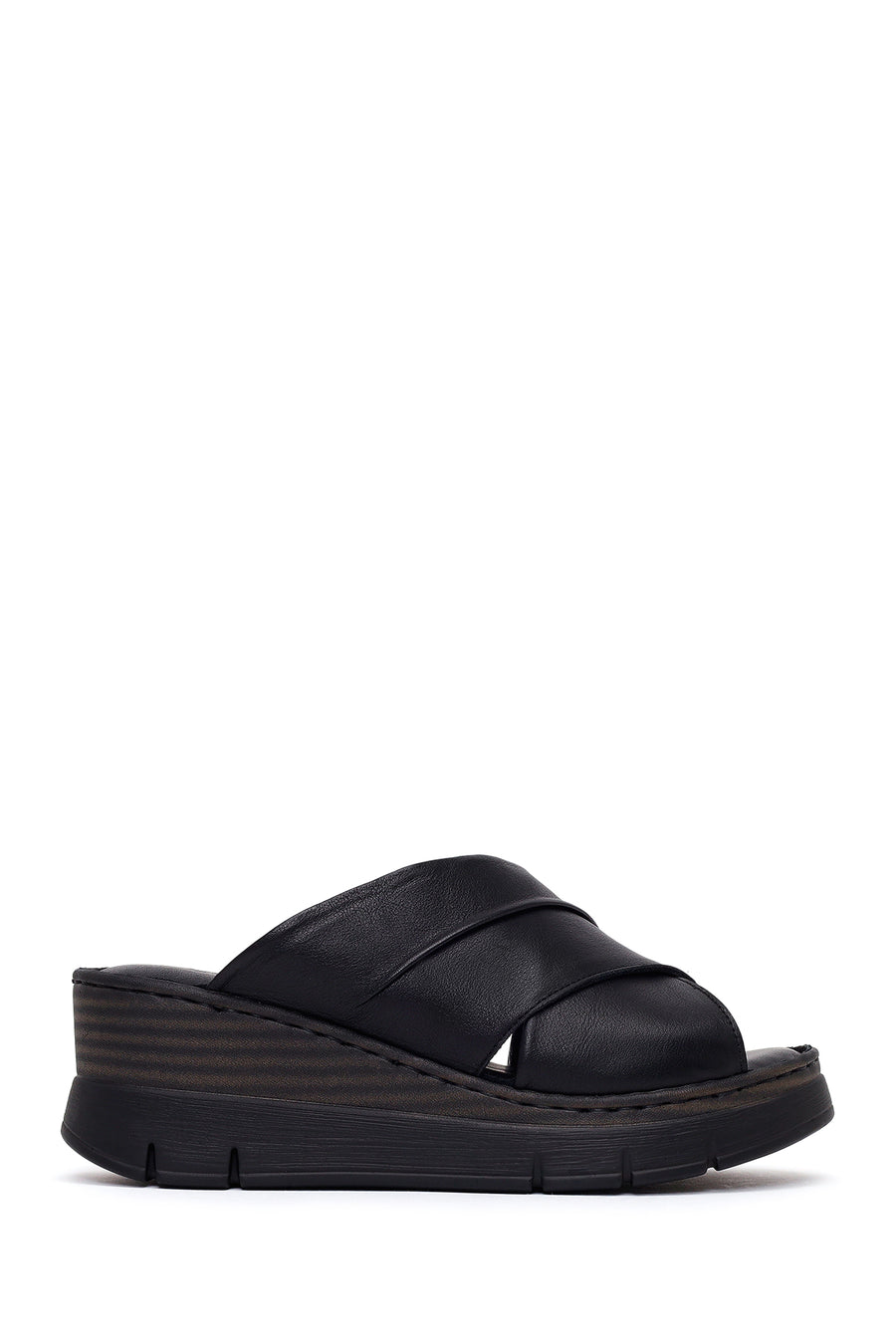 Woman Black Wedge Leather Comfort Slippers 26SFD342118 | Derimod