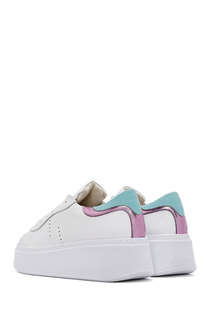 Women's White Lace-up Thick-Sole Leather Sneaker