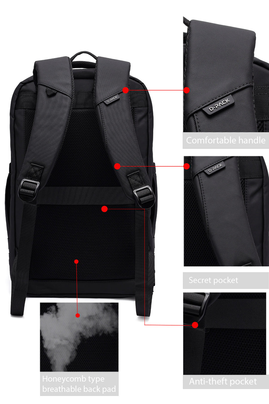 D-Pack Unisex Black Fabric Backpack