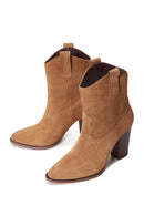 Women's Tan Suede Leather Cowboy Heeled Boots | Derimod