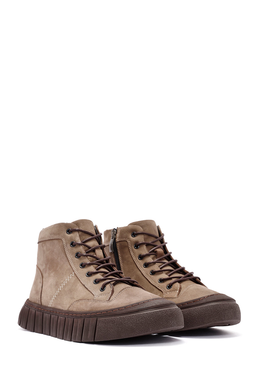 Men's Beige Zippered Lace-Up Nubuck Ankle Leather Boots