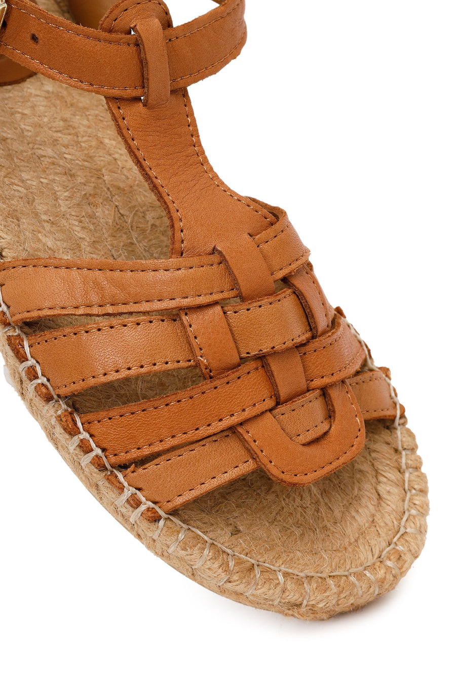 Woman Tan Ankle-Strap Buckled Leather Espadrilles Sandal