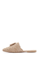 Women's Beige Suede Leather Knitted Flat Slippers | Derimod