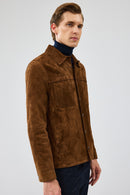 Enzo Men's Brown Shirt Collar Suede Leather Coat | Derimod