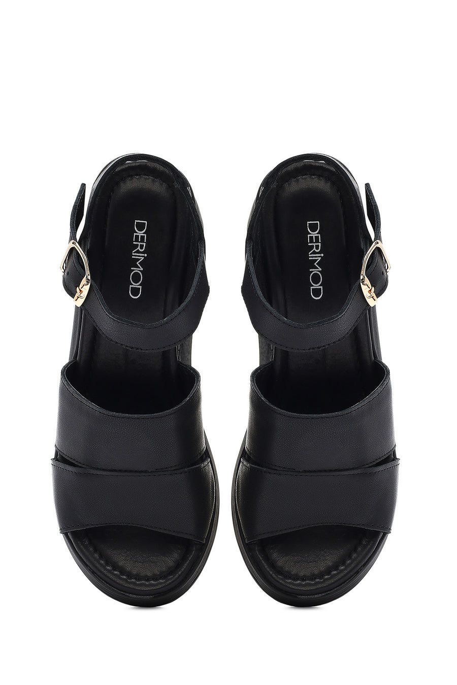 Women's Black Ankle Strap Wedge Heel Leather Sandals