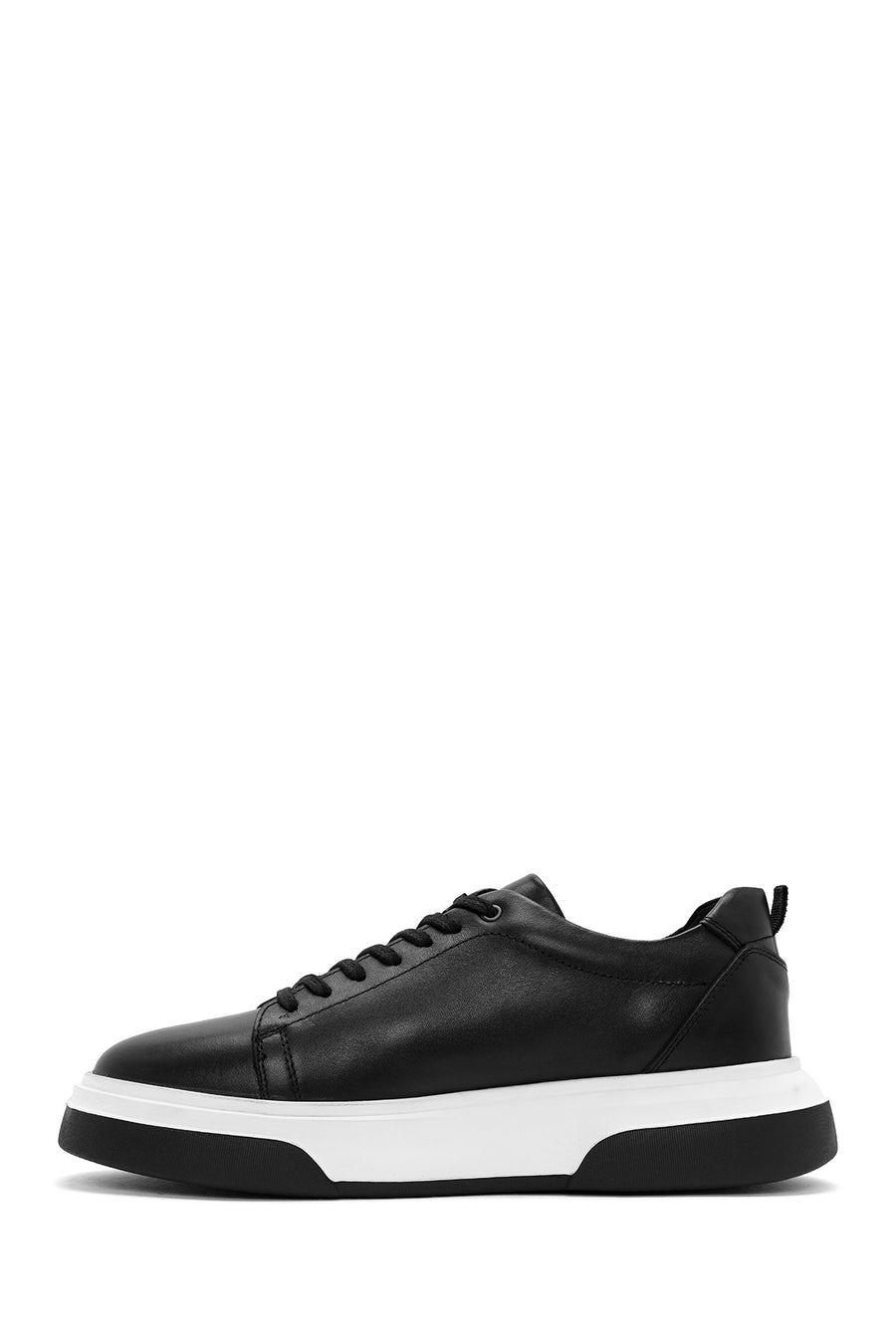 Erkek Siyah Bağcıklı Kalın Tabanlı Deri Sneaker