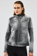 Sporty Women's Gray Short Nubuck Leather Sports Jacket | Derimod