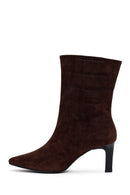 Woman Brown Thin Heeled Printed Suede Boots | Derimod